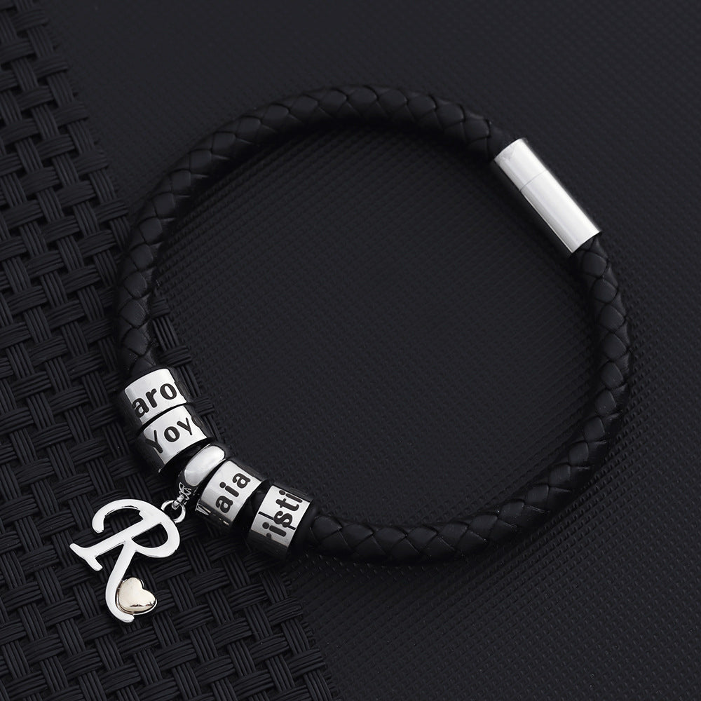 Buddhist beads leather engraved bracelet with personalized letter design