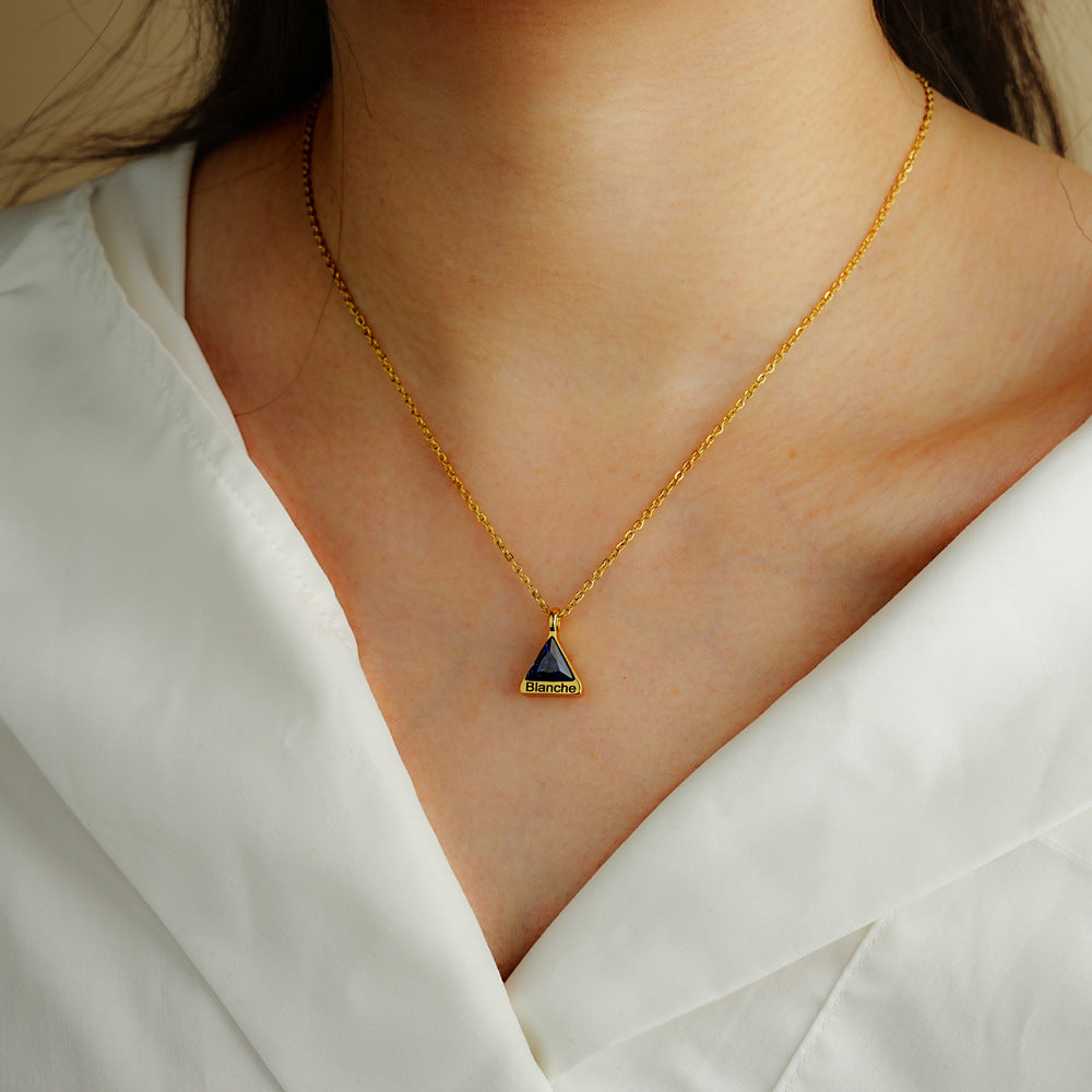 Personalized engraved triangle diamond necklace pendant with custom birthstone