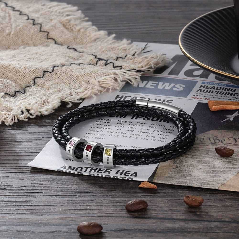 Men’s leather bracelet with DIY lettering and inlaid diamond beads – personalized men’s jewelry gift