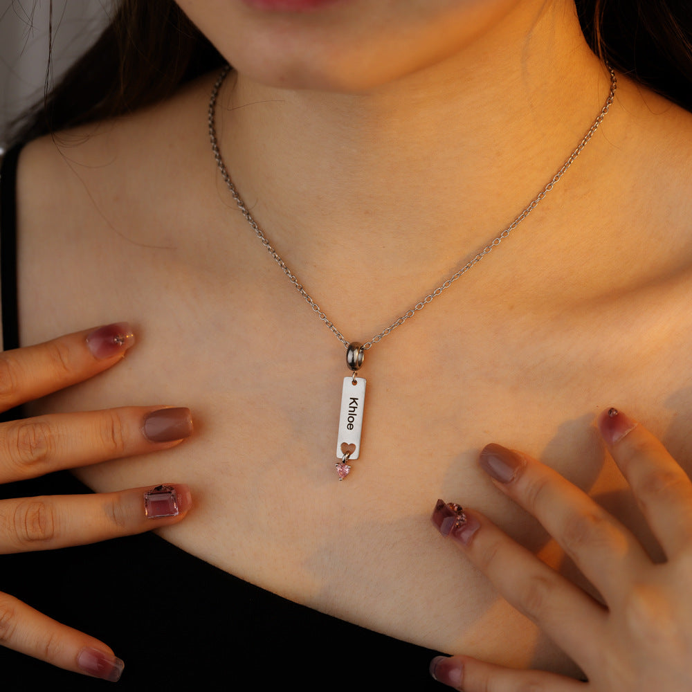 Engraved vertical bar necklaces with personalized names and gemstones