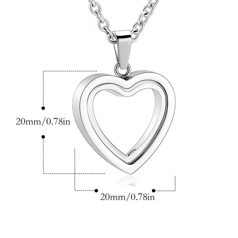 Silver heart-shaped pendant necklace with measurements on a white background