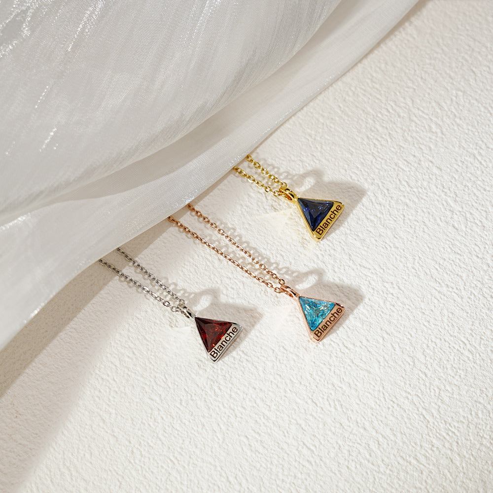 Personalized engraved triangle diamond necklace pendant with custom birthstone