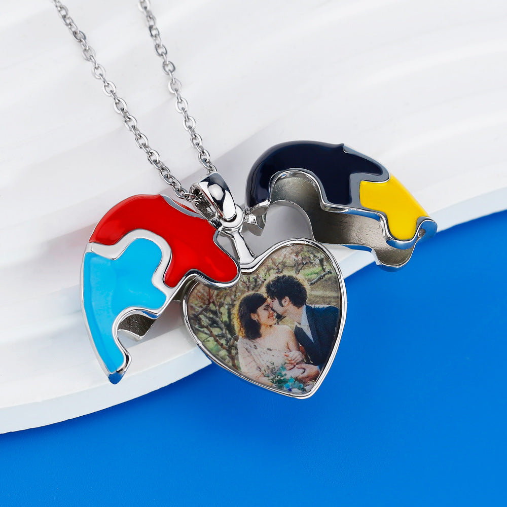 European and American cross-border jewelry, four-color puzzle photo box, Valentine's Day gift, clavicle chain pendant, couple necklace, girlfriend gift