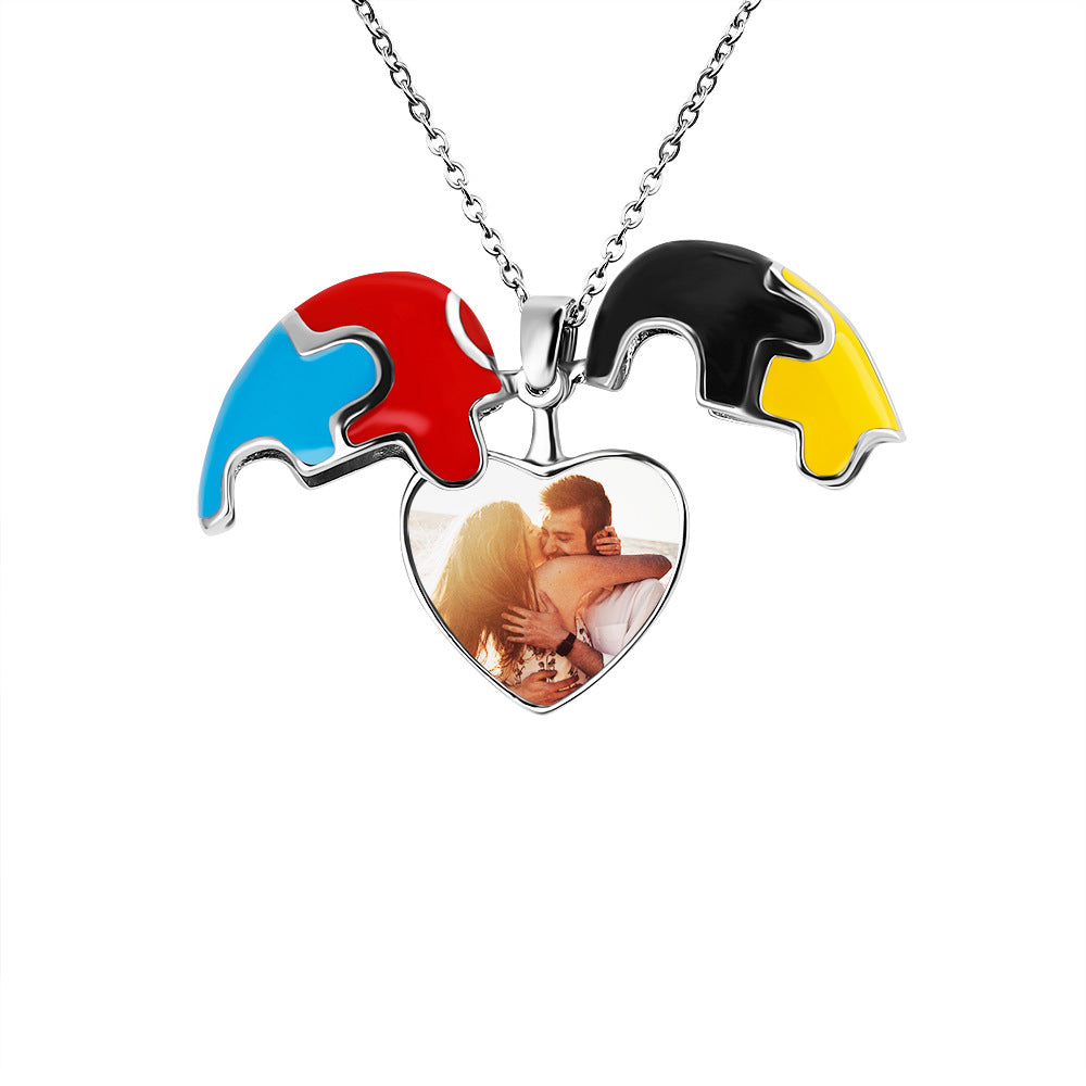 European and American cross-border jewelry, four-color puzzle photo box, Valentine's Day gift, clavicle chain pendant, couple necklace, girlfriend gift