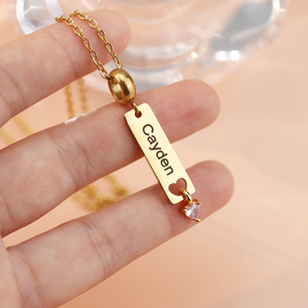 Engraved vertical bar necklaces with personalized names and gemstones