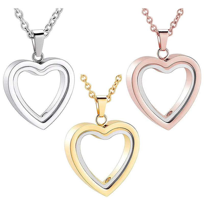 Three heart-shaped necklaces in silver, gold, and rose gold on a white background.