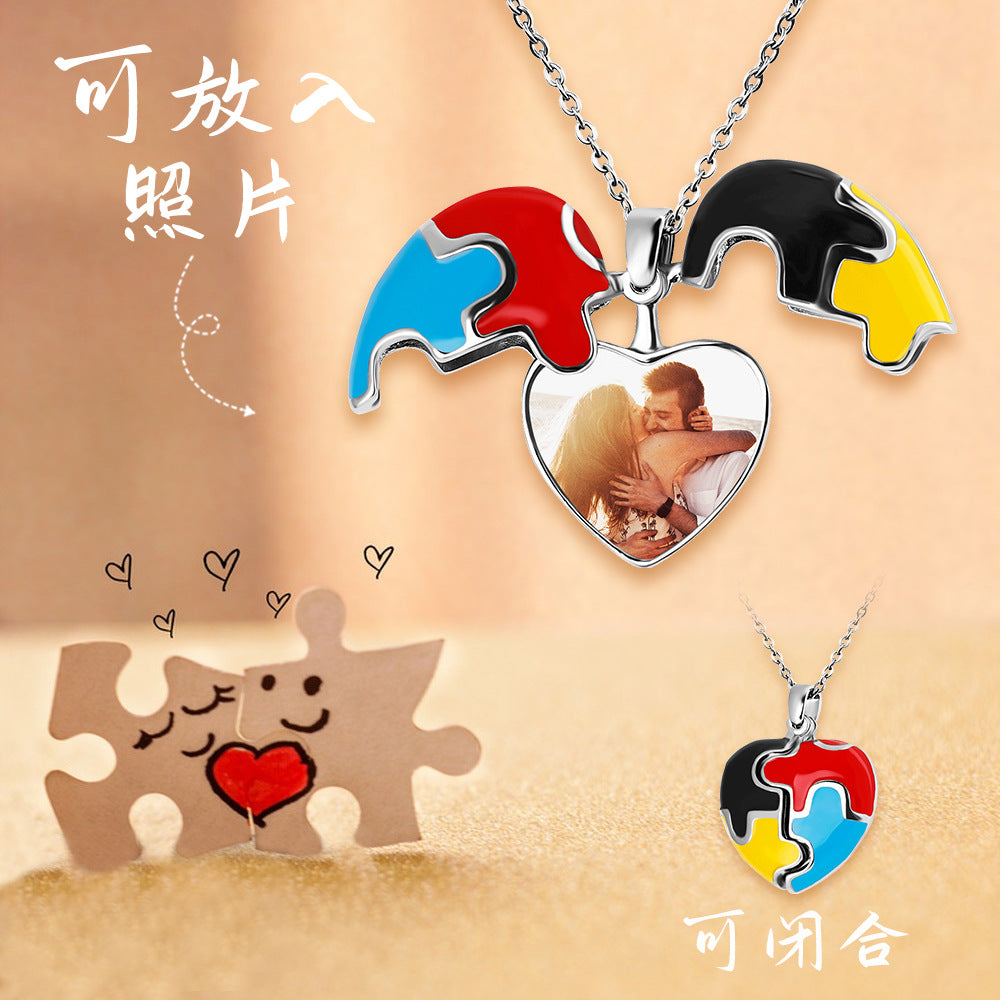 European and American cross-border jewelry, four-color puzzle photo box, Valentine's Day gift, clavicle chain pendant, couple necklace, girlfriend gift
