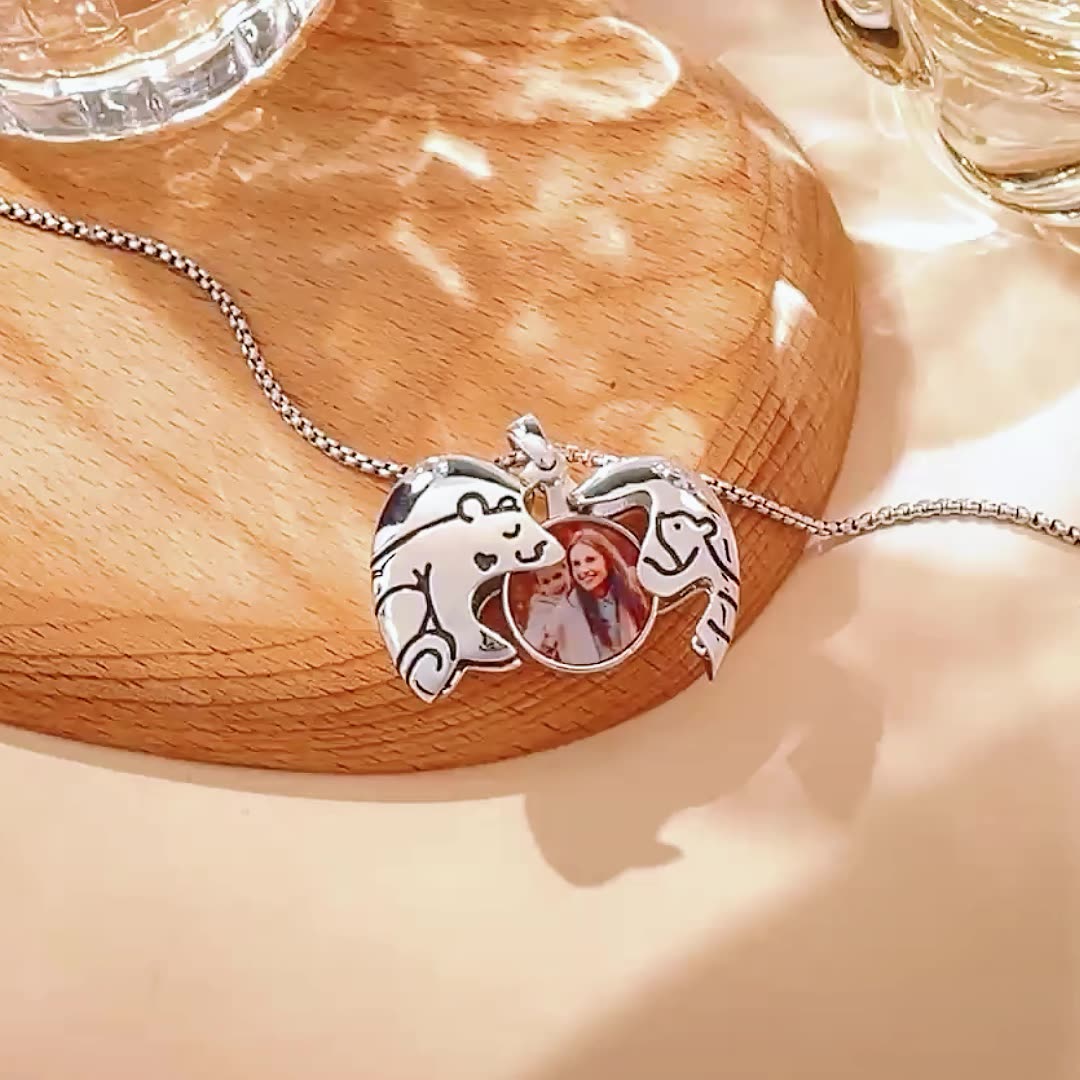 Custom bear hug heart necklace with color photo print