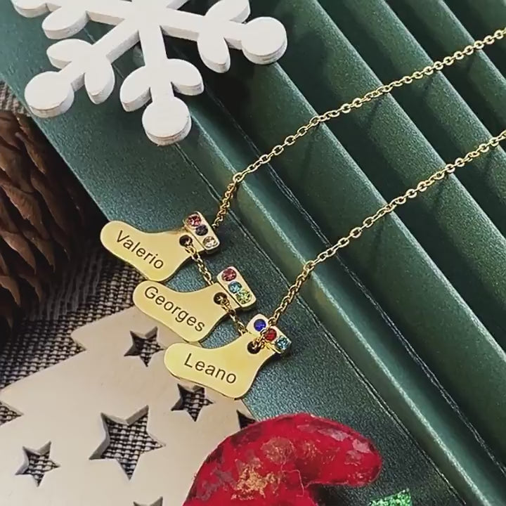 Christmas sock pendant necklace with silver clavicle chain and engraving
