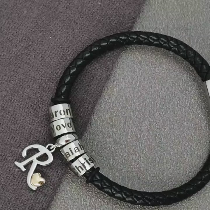 Buddhist beads leather engraved bracelet with personalized letter design