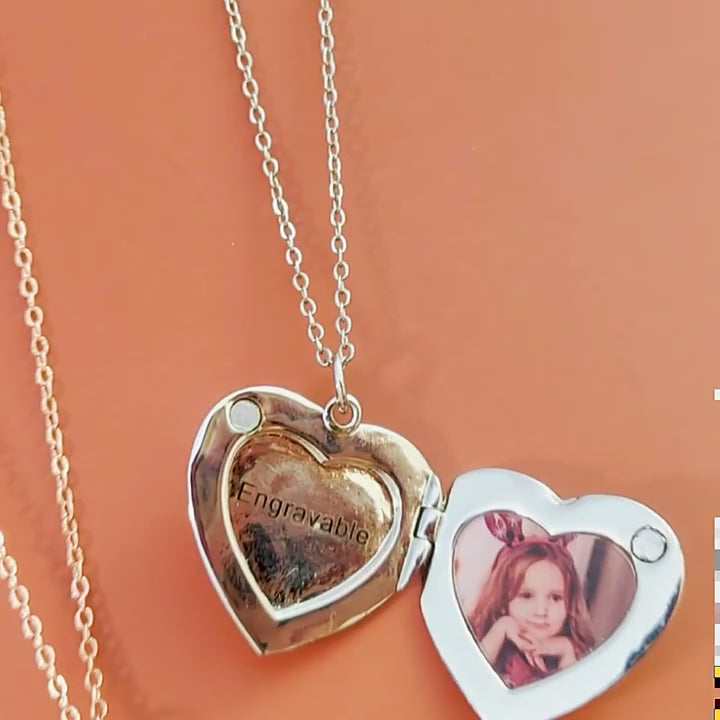 European American love photo box necklace with heart-shaped pendant