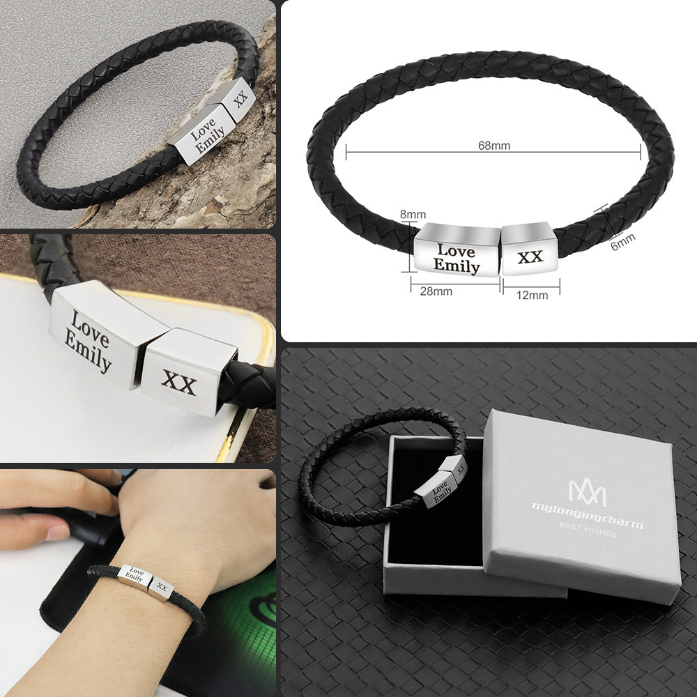 New Men's Black Simple Magnetic Clasp Bracelet DIY Woven Bracelet Personalized Lettering Bracelet for Dad