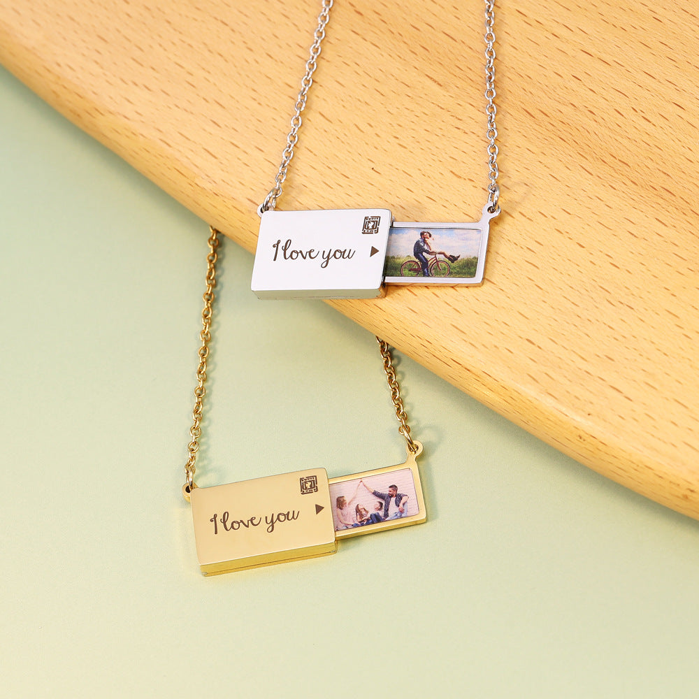 European and American  creative pull-out photo box pendant necklace, holiday birthday gifts, stainless steel engravable clavicle chain