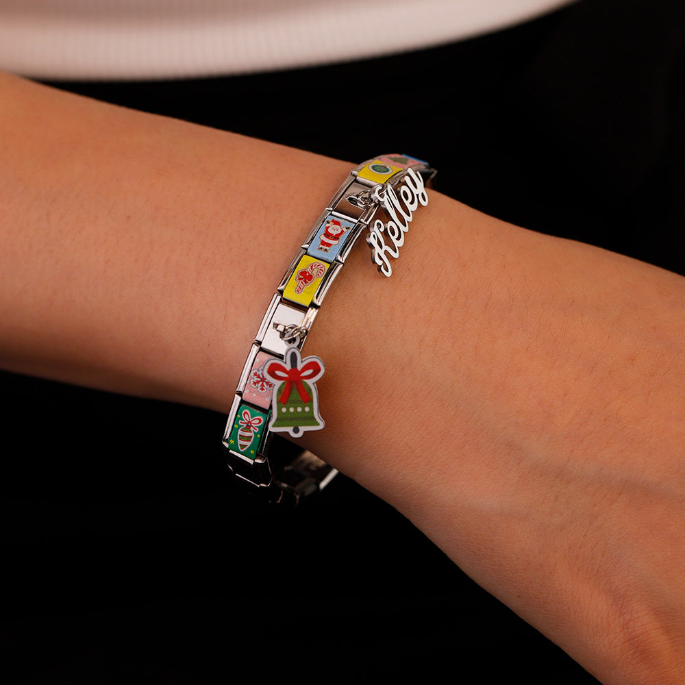 European and American new christmas gift color printing bracelet DIY engraved name bracelet stainless steel creative personality bracelet women