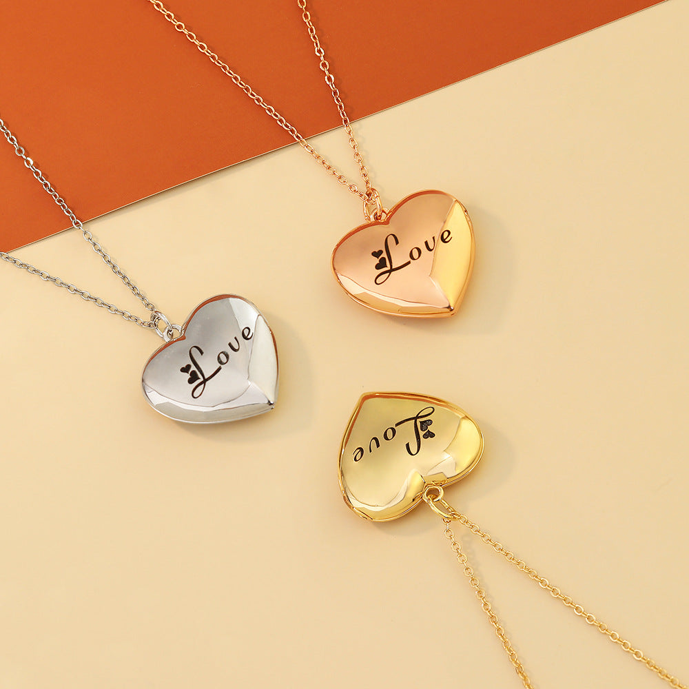 European and American  fashion simple love photo box necklace women's heart-shaped peach heart pendant clavicle chain