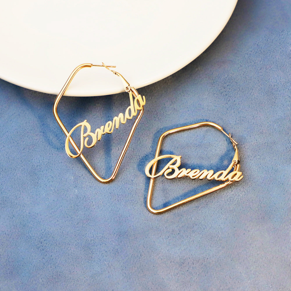 New creative irregular square English name Brenda earrings female titanium temperament stud earrings