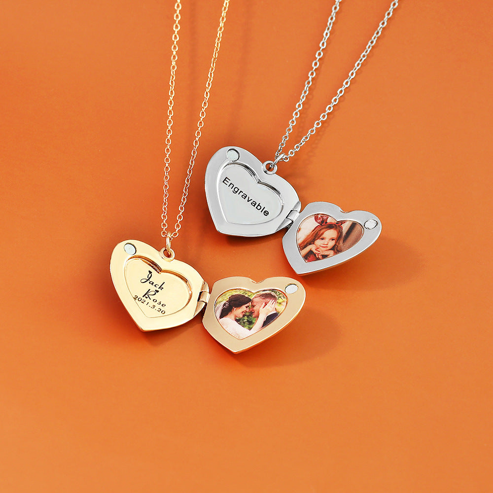European and American  fashion simple love photo box necklace women's heart-shaped peach heart pendant clavicle chain