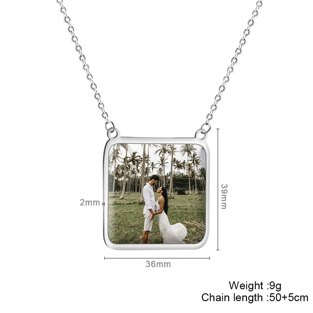 Father's Day European and American Personality Square Photo Frame Lettering Titanium Steel Necklace DIY Photo Pendant Parent-Child Gift Jewelry