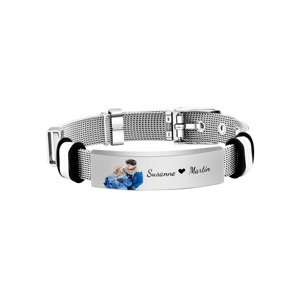 European and American stainless steel men's bracelet color photo printing lettering curved bracelet men's personality fashion mesh strap bracelet jewelry