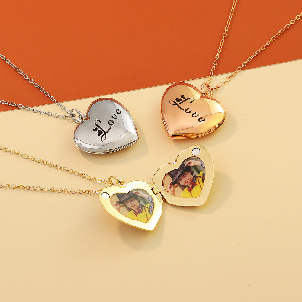 European and American  fashion simple love photo box necklace women's heart-shaped peach heart pendant clavicle chain