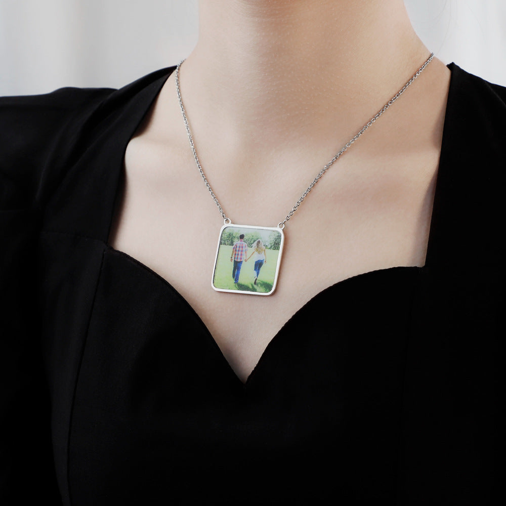 Father's Day European and American Personality Square Photo Frame Lettering Titanium Steel Necklace DIY Photo Pendant Parent-Child Gift Jewelry