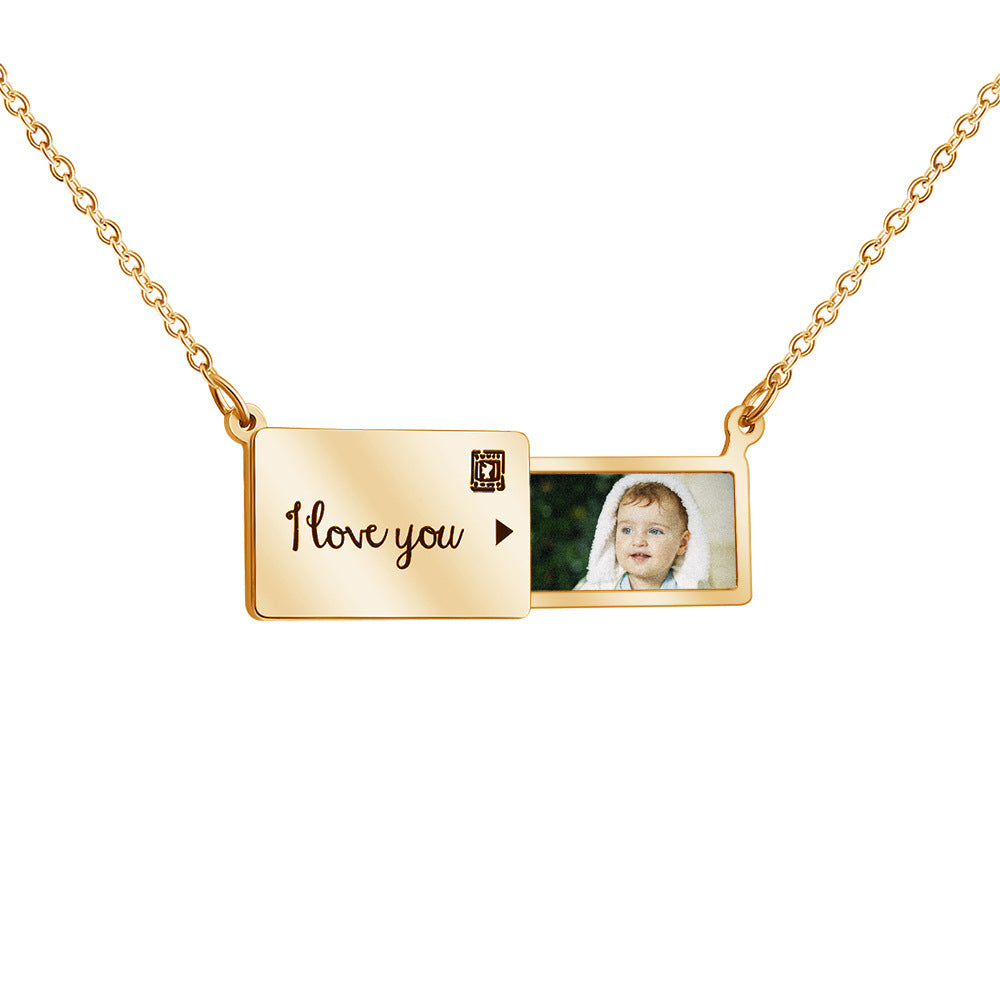 European and American  creative pull-out photo box pendant necklace, holiday birthday gifts, stainless steel engravable clavicle chain