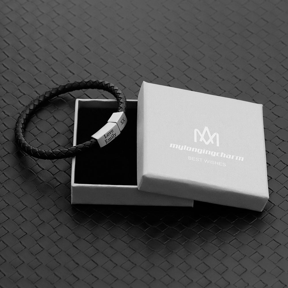 New Men's Black Simple Magnetic Clasp Bracelet DIY Woven Bracelet Personalized Lettering Bracelet for Dad