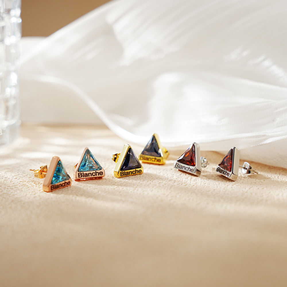 Custom engraved birthstone triangle diamond necklace pendant fashion versatile stainless steel geometric diamond triangle earrings