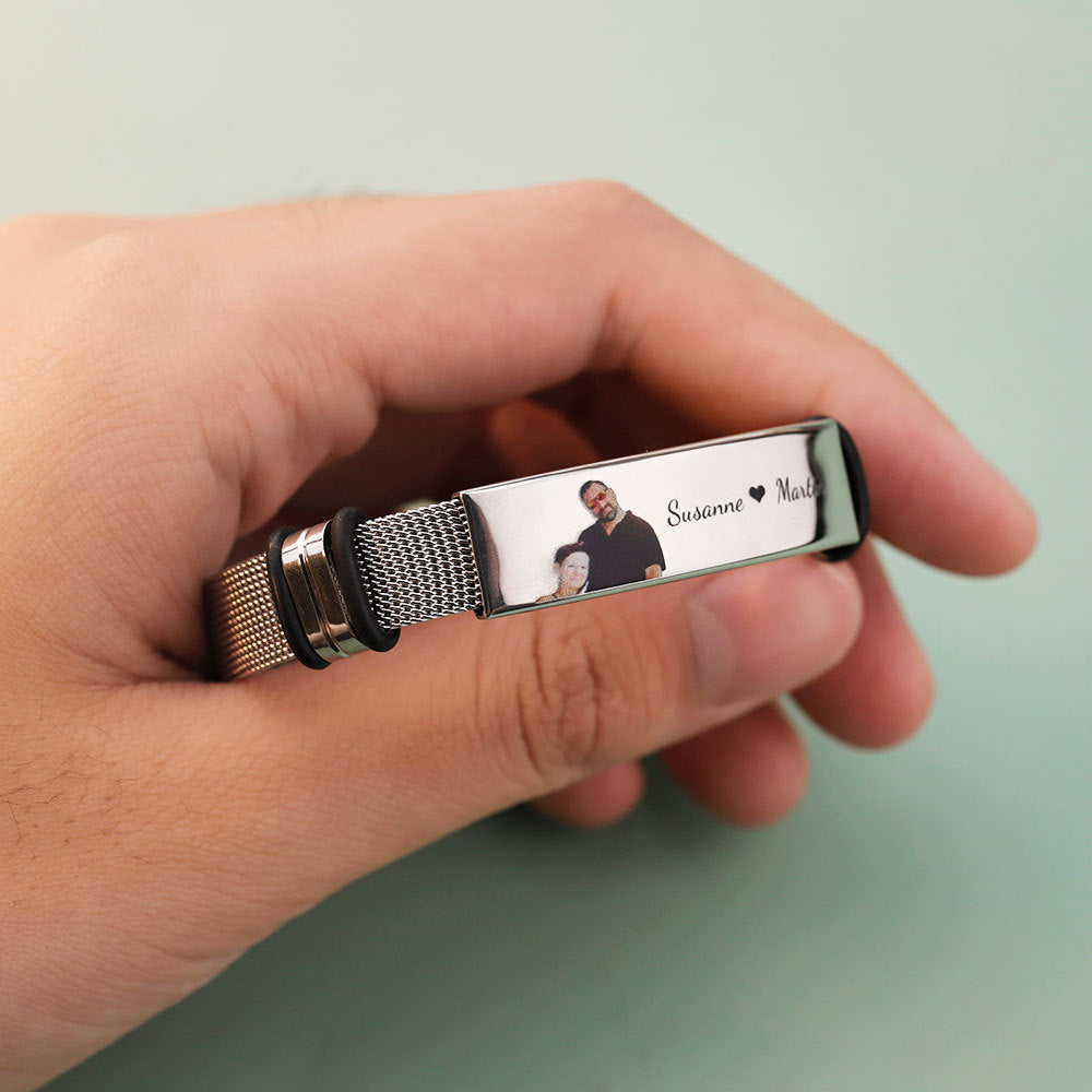 European and American stainless steel men's bracelet color photo printing lettering curved bracelet men's personality fashion mesh strap bracelet jewelry