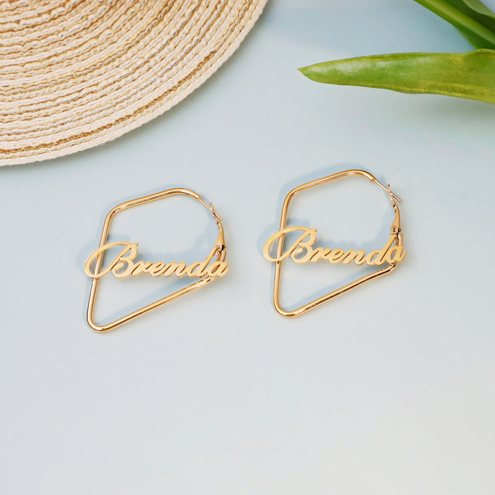 New creative irregular square English name Brenda earrings female titanium temperament stud earrings