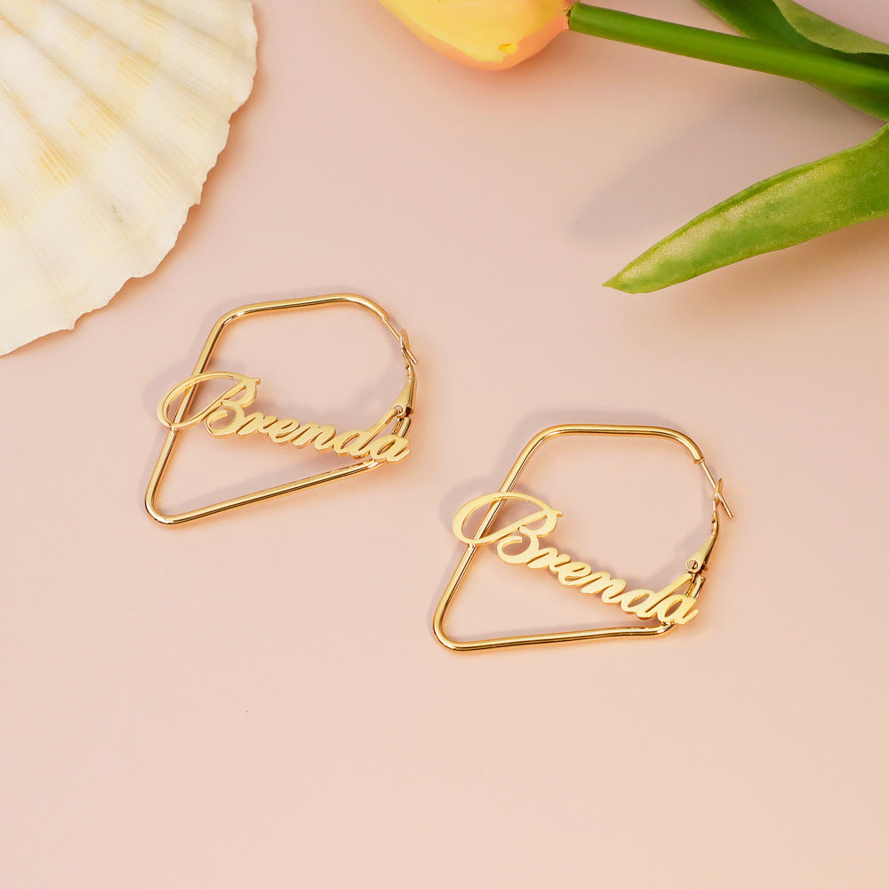 New creative irregular square English name Brenda earrings female titanium temperament stud earrings