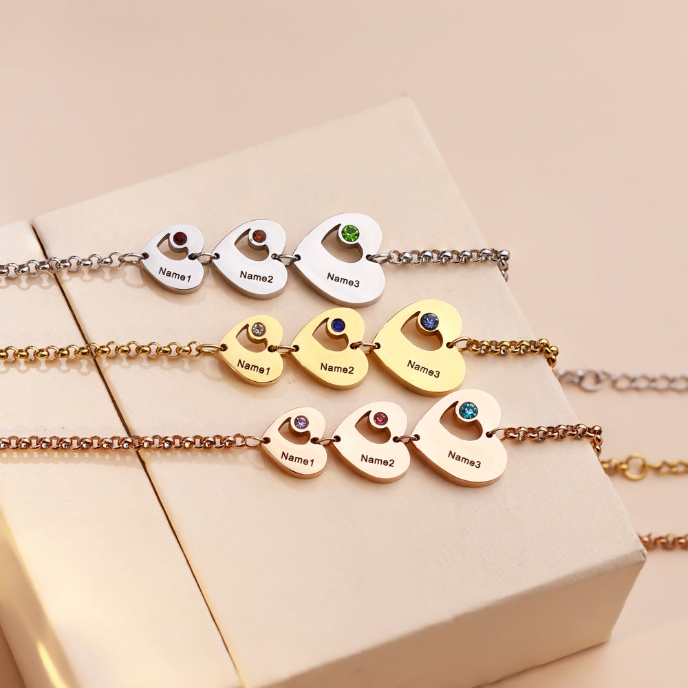 New personality bracelet for girls niche sense of luxury peach heart inlaid with diamonds DIY lettering silver bracelet jewelry