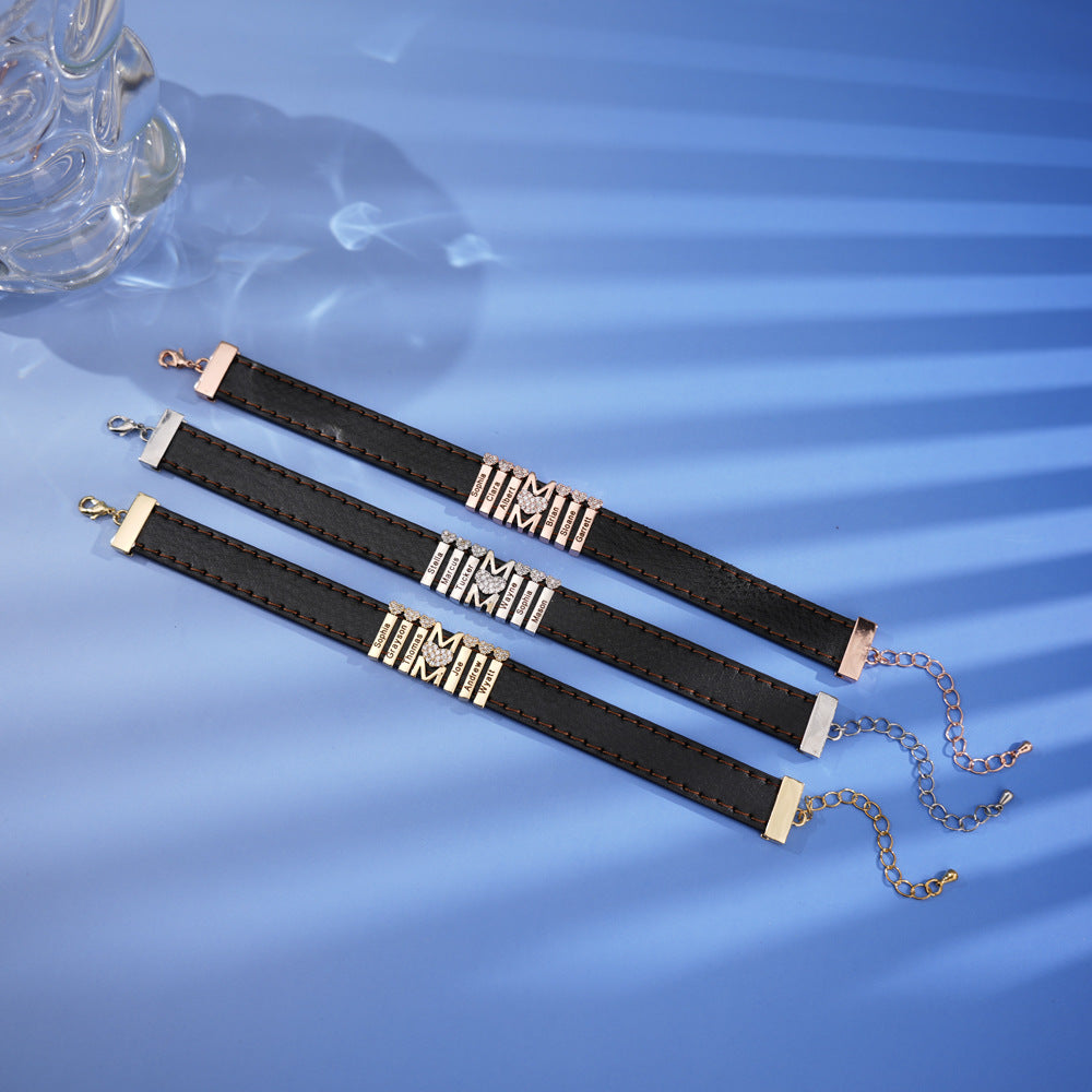 European and American punk style bracelet  Thanksgiving Mother's Day peach heart inlaid with diamonds engraved bracelet jewelry gift factory