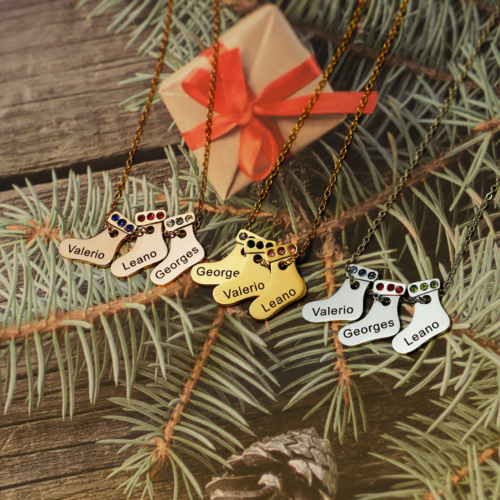 Christmas gift sock necklace fashion versatile silver  engraved name pendant creative personality gift clavicle chain