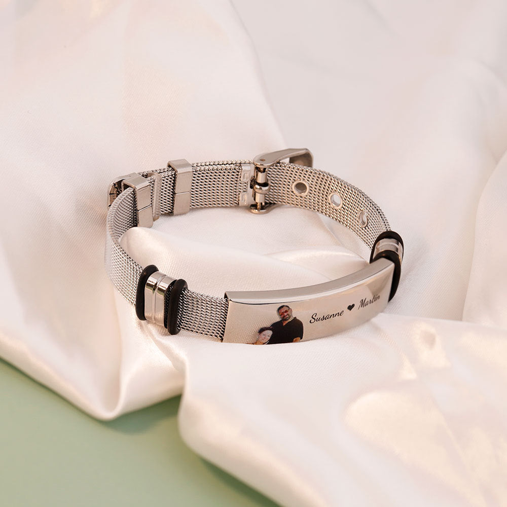 European and American stainless steel men's bracelet color photo printing lettering curved bracelet men's personality fashion mesh strap bracelet jewelry