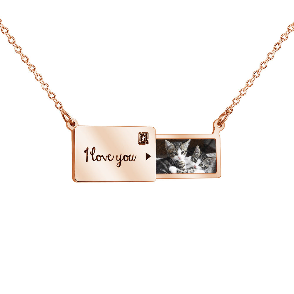 European and American  creative pull-out photo box pendant necklace, holiday birthday gifts, stainless steel engravable clavicle chain