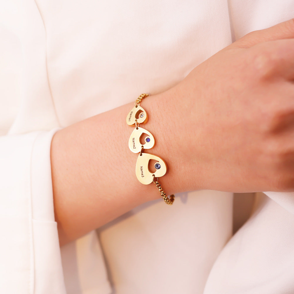 New personality bracelet for girls niche sense of luxury peach heart inlaid with diamonds DIY lettering silver bracelet jewelry