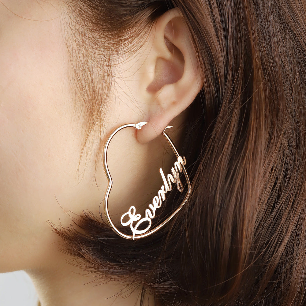 European and American new DIY English peach heart earrings girl pendant titanium silver stud earrings name creative fashion earrings
