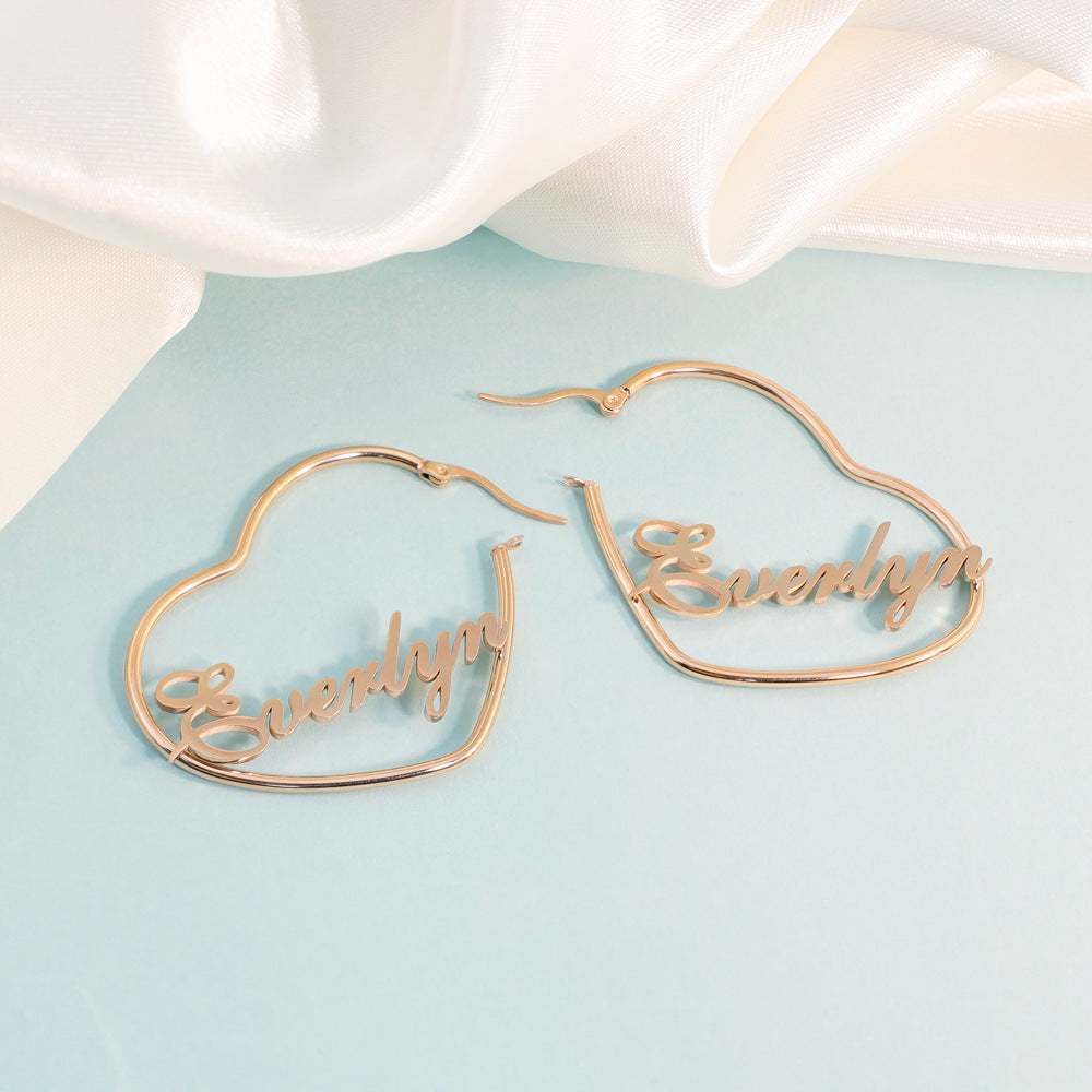European and American new DIY English peach heart earrings girl pendant titanium silver stud earrings name creative fashion earrings