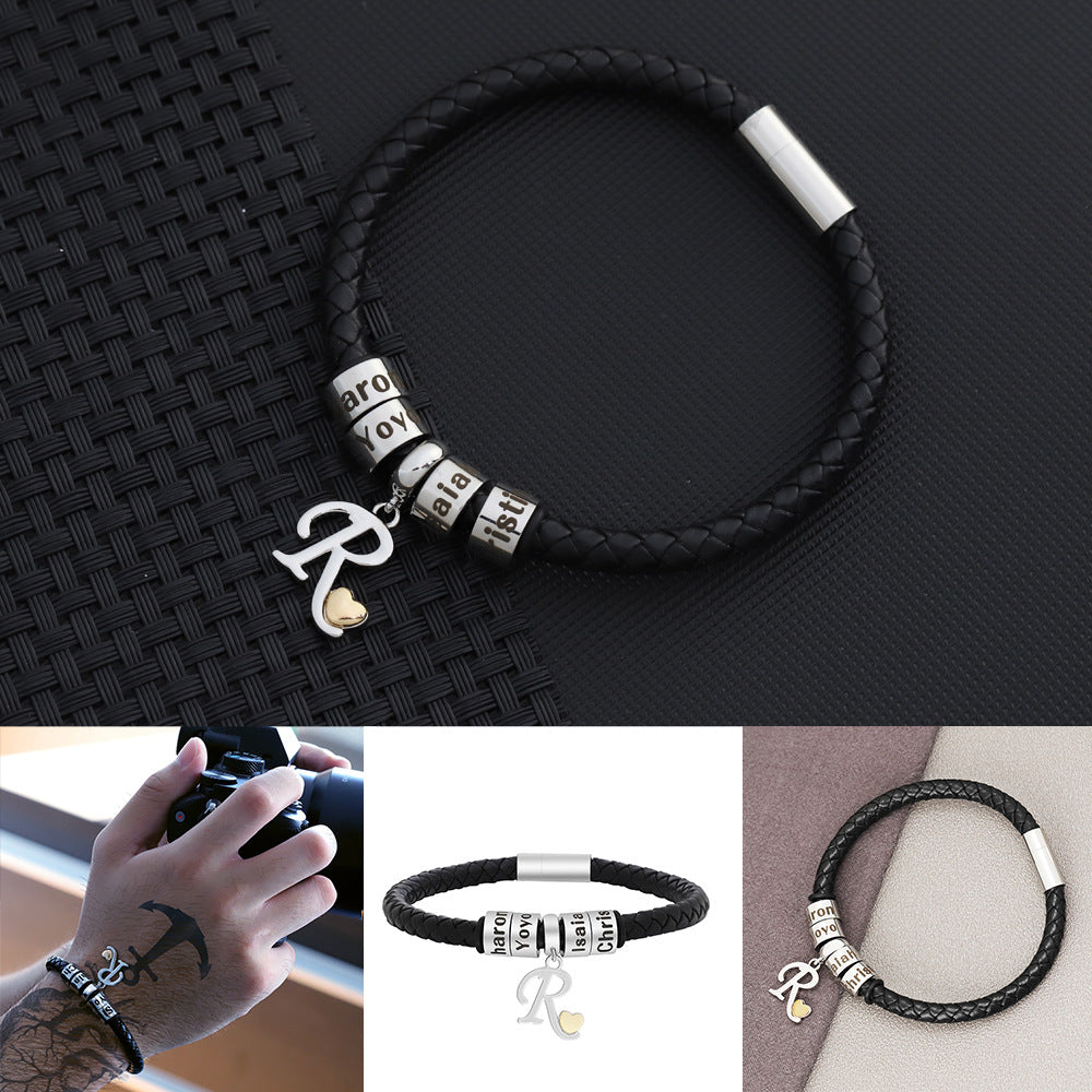 Buddhist beads European and American fashion literary personality leather engraved beads bracelet small accessories 26 letter bracelet