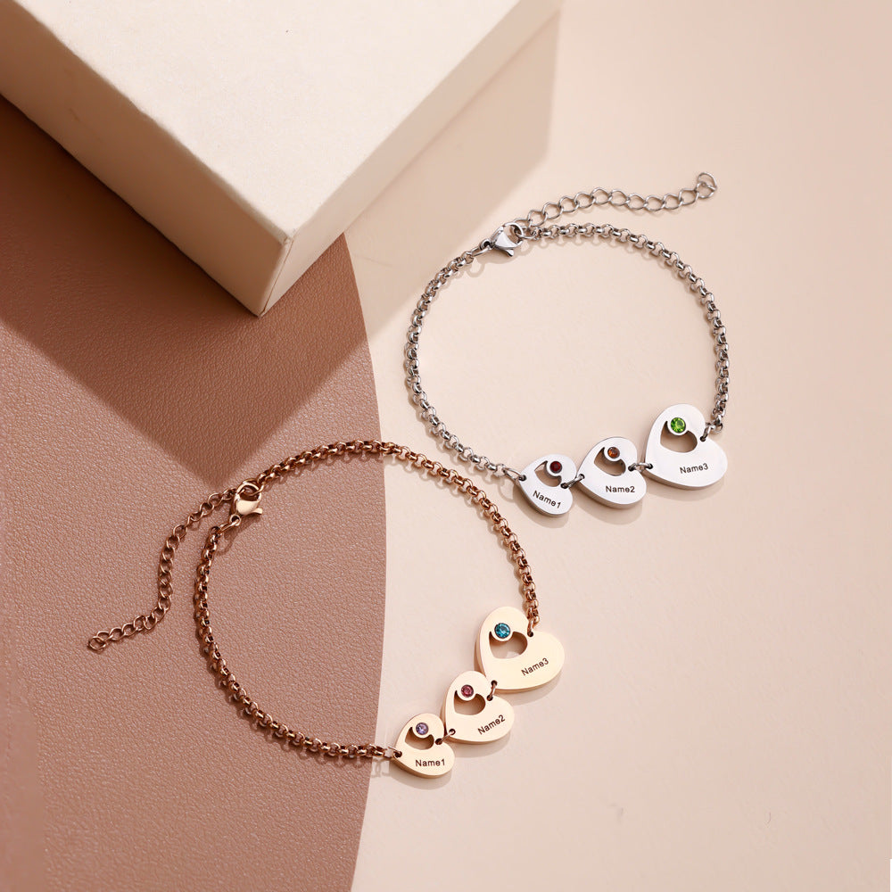 New personality bracelet for girls niche sense of luxury peach heart inlaid with diamonds DIY lettering silver bracelet jewelry