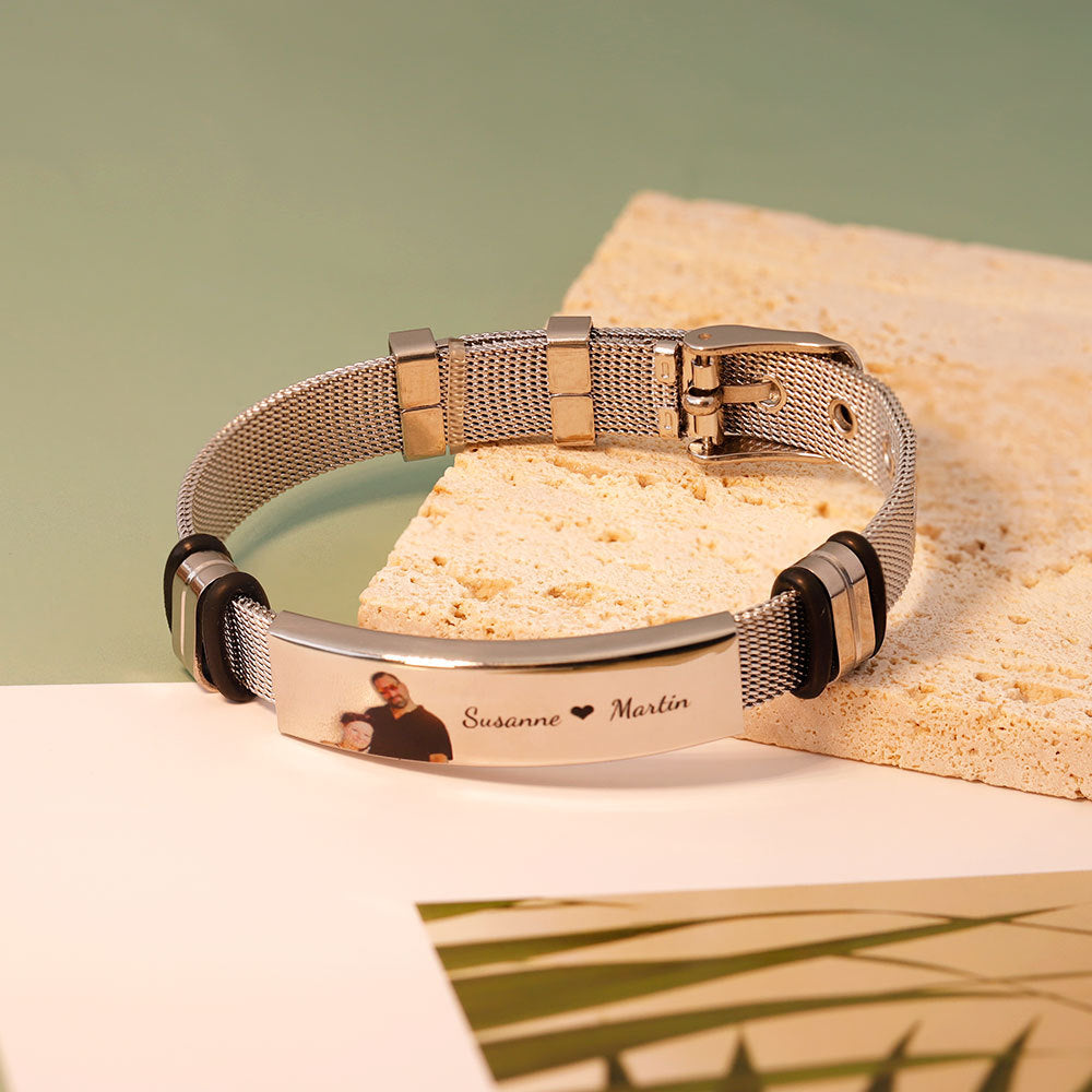 European and American stainless steel men's bracelet color photo printing lettering curved bracelet men's personality fashion mesh strap bracelet jewelry