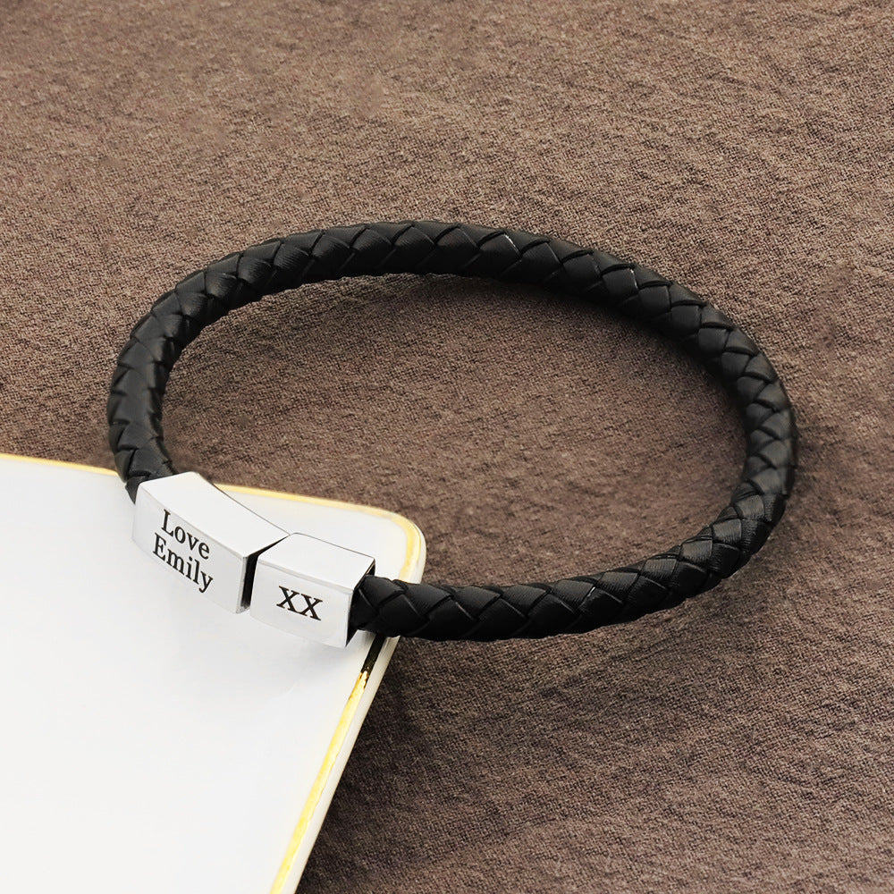 New Men's Black Simple Magnetic Clasp Bracelet DIY Woven Bracelet Personalized Lettering Bracelet for Dad