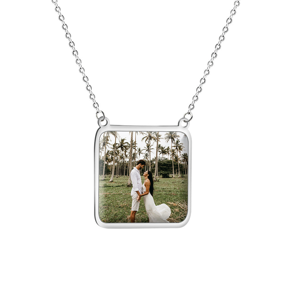 Father's Day European and American Personality Square Photo Frame Lettering Titanium Steel Necklace DIY Photo Pendant Parent-Child Gift Jewelry