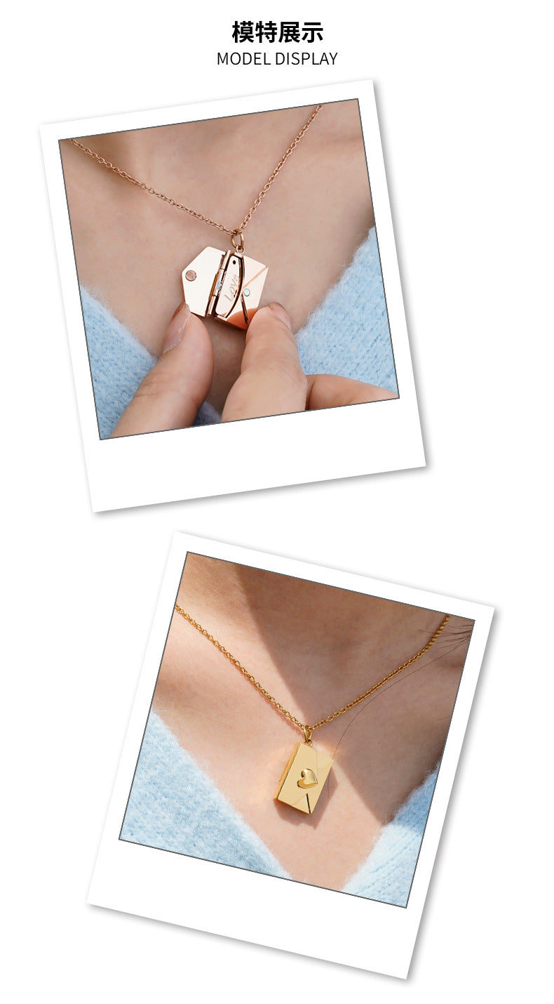 European and American DIY personality fashion versatile love envelope necklace silver engraving clavicle chain Valentine's Day gifts