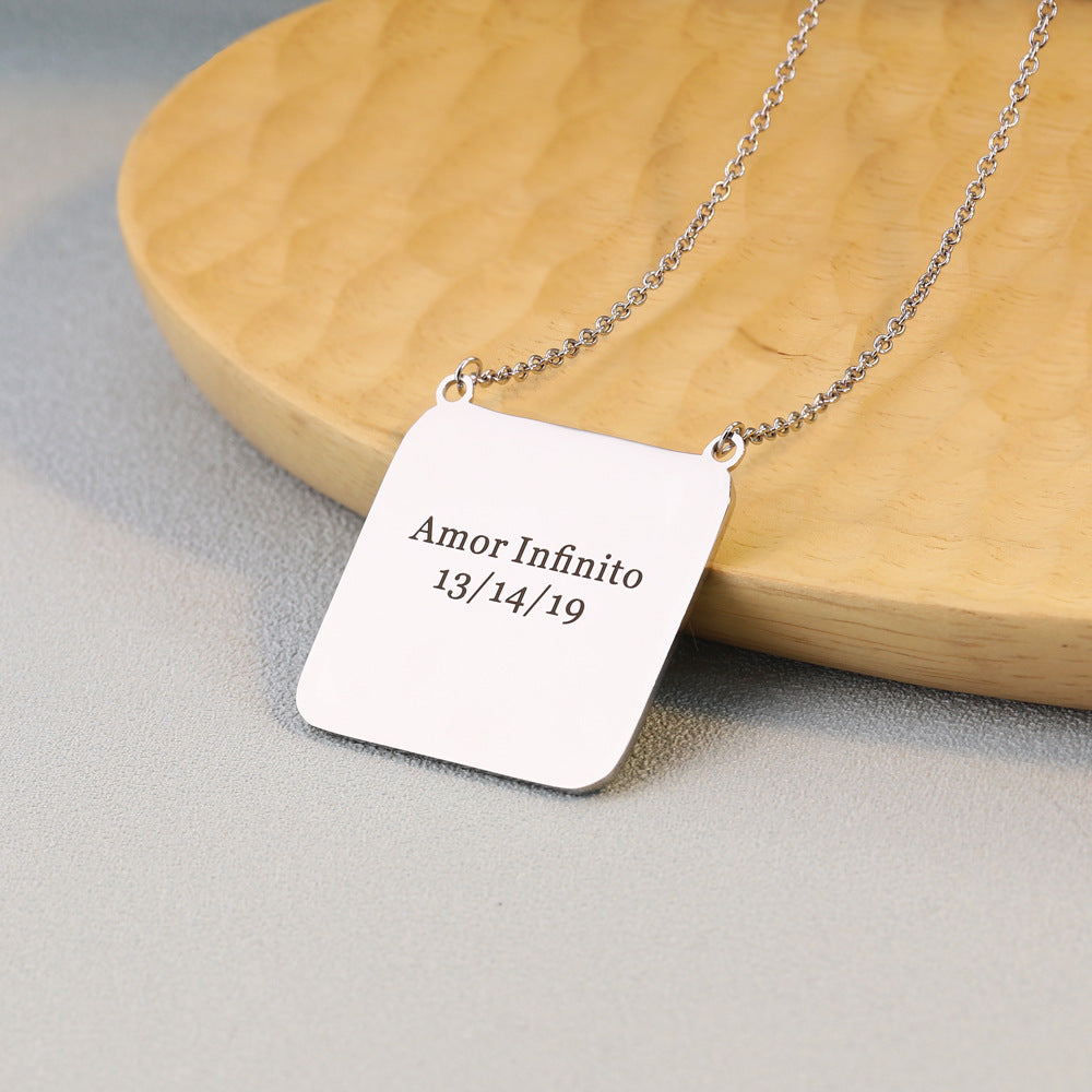 Father's Day European and American Personality Square Photo Frame Lettering Titanium Steel Necklace DIY Photo Pendant Parent-Child Gift Jewelry