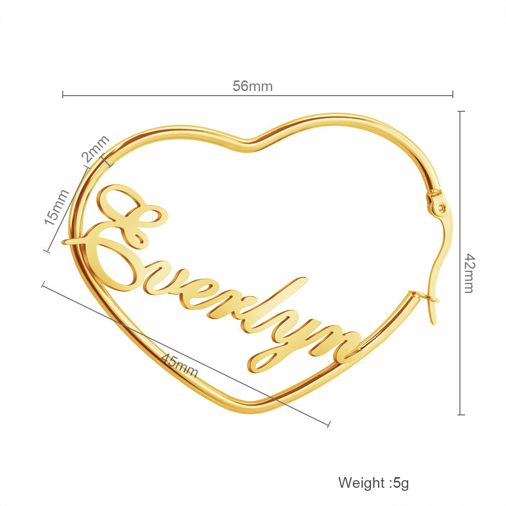 European and American new DIY English peach heart earrings girl pendant titanium silver stud earrings name creative fashion earrings