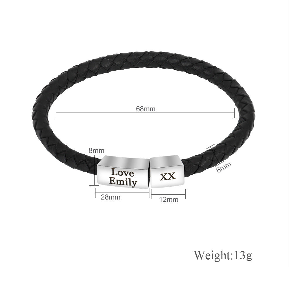 New Men's Black Simple Magnetic Clasp Bracelet DIY Woven Bracelet Personalized Lettering Bracelet for Dad