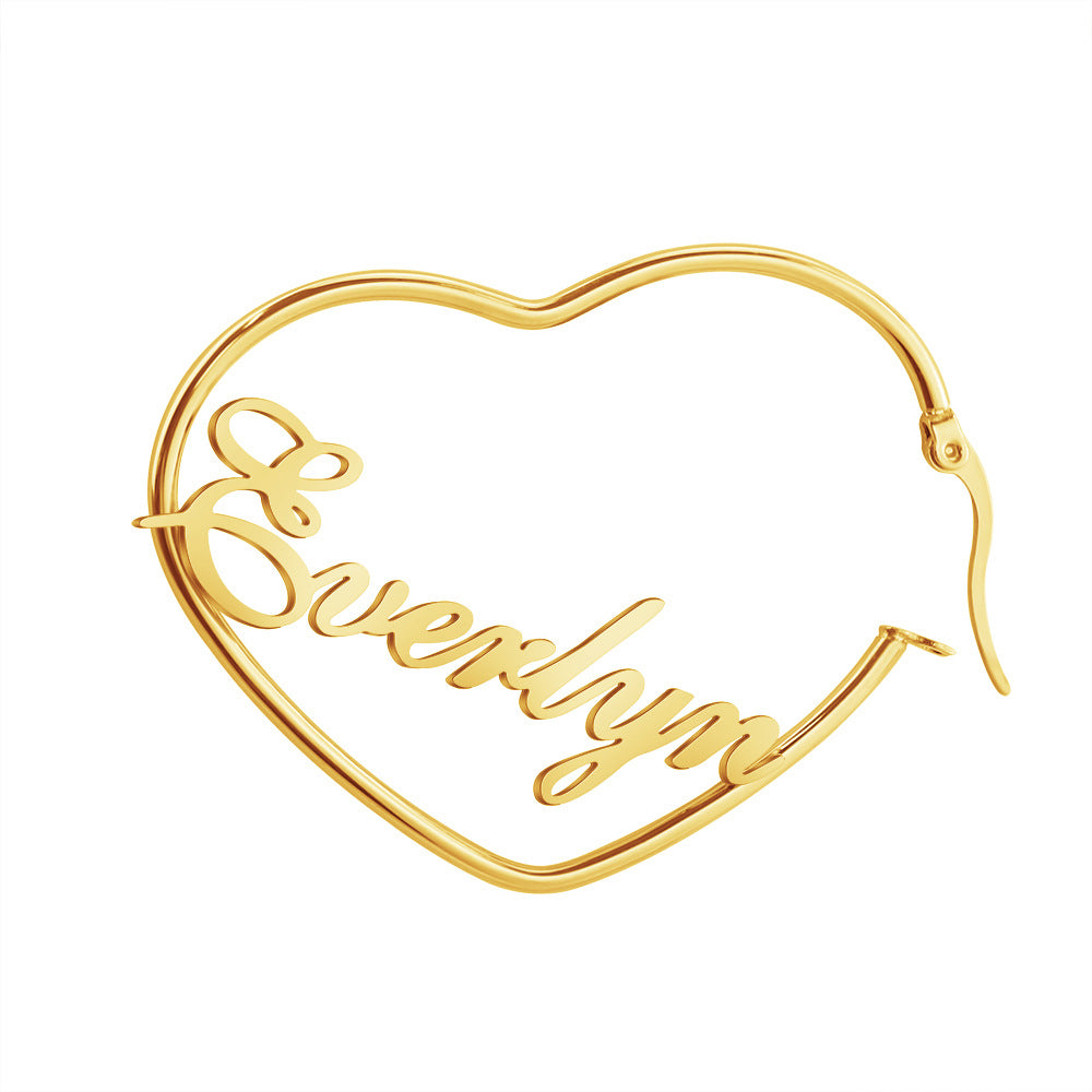 European and American new DIY English peach heart earrings girl pendant titanium silver stud earrings name creative fashion earrings