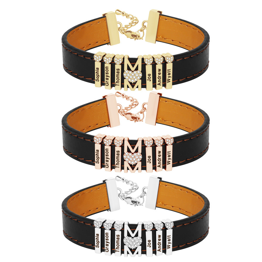 European and American punk style bracelet  Thanksgiving Mother's Day peach heart inlaid with diamonds engraved bracelet jewelry gift factory